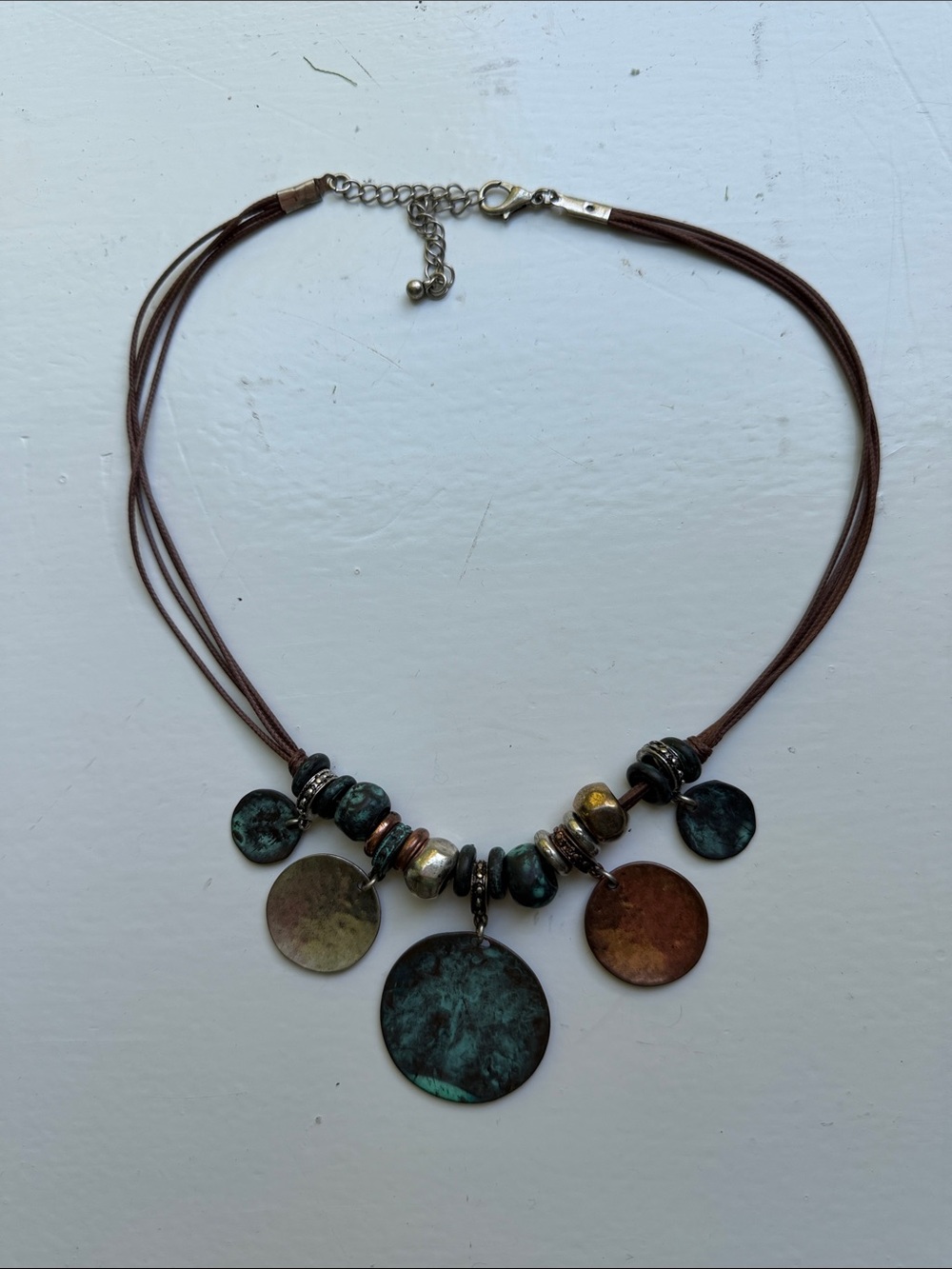 Patina Disc Multi-Strand Necklace - Brown Cord